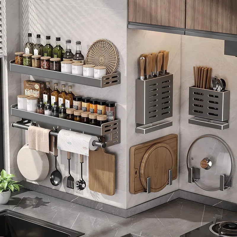 Gunmetal Space Aluminum No-Drill Wall Mounted Kitchen Storage Rack