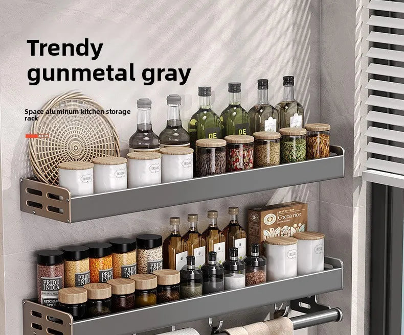 Gunmetal Space Aluminum No-Drill Wall Mounted Kitchen Storage Rack